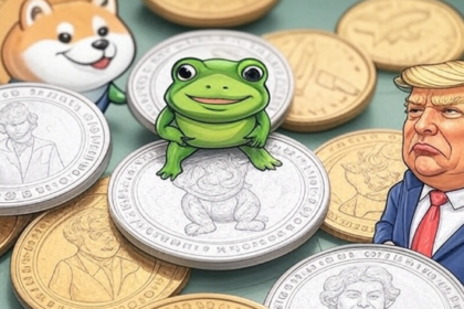 Tres caricaturas encima de monedas doradas y plateadas.