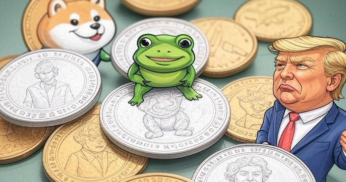 Tres caricaturas encima de monedas doradas y plateadas.